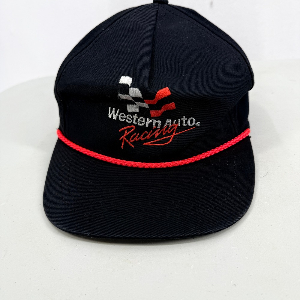 Western Auto Racing Hat Mens Black Red Rope Snapback Made in USA Nascar 90s Cap